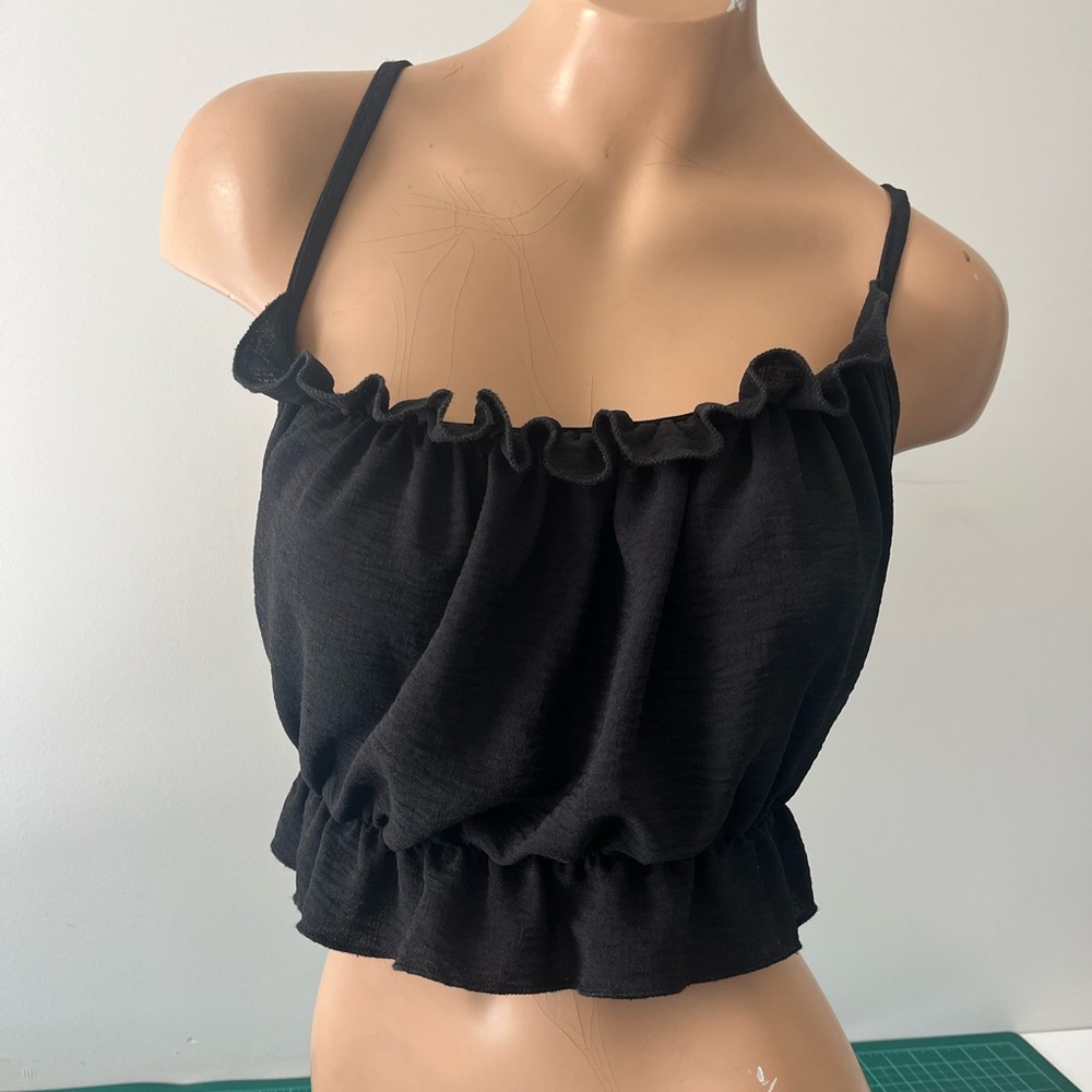 Black Ruffle Trim Strappy open Back Women's Top